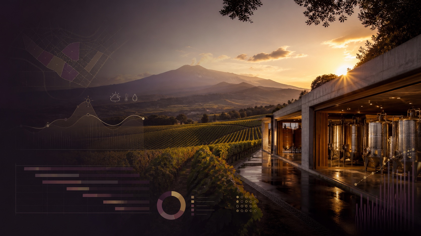 Vineyard, winery cellar, and operational data visualization